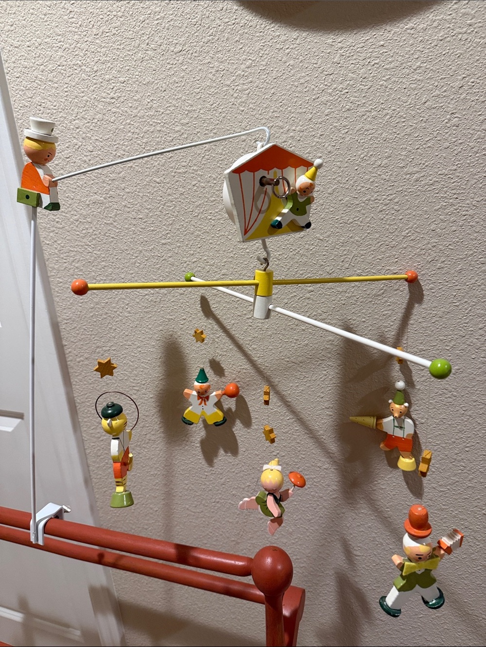 Vintage  Wooden Irmi Handpainted Baby Musical Mobile Circus Clowns -Works!